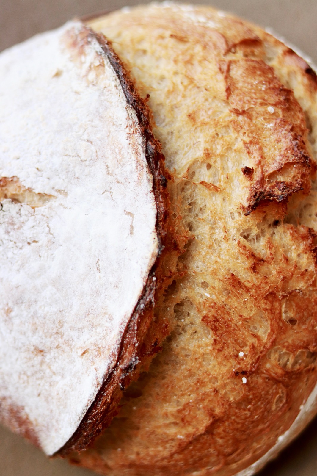 Close-up of the original sourdough crust and flour-dusted score